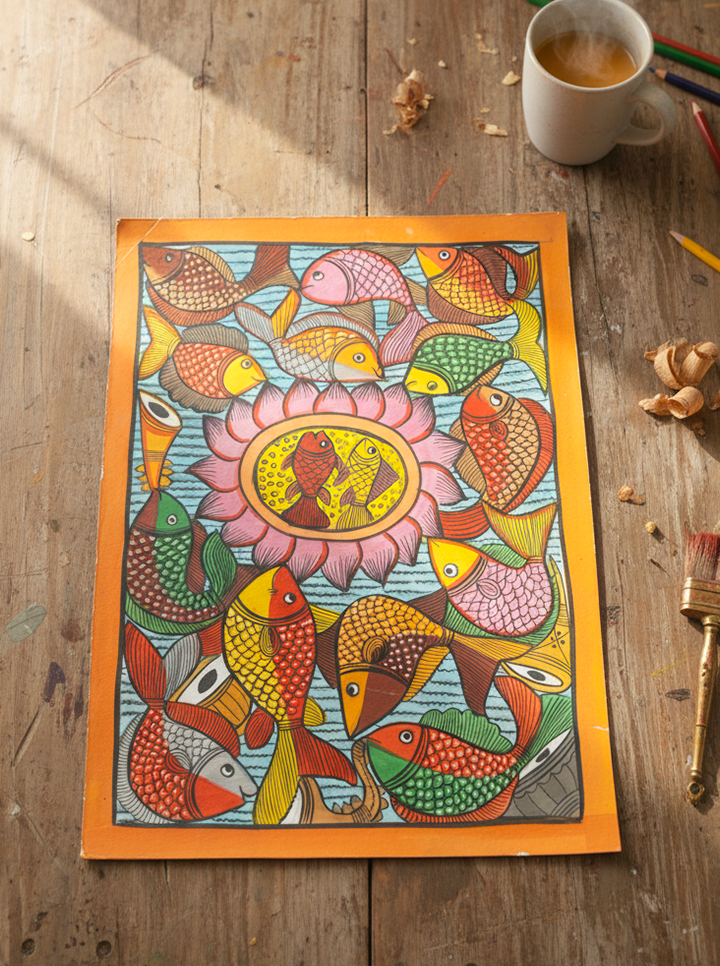 Pattachitra Painting – Fish & Lotus Motif (Bengal School of Art) (Without Frame)