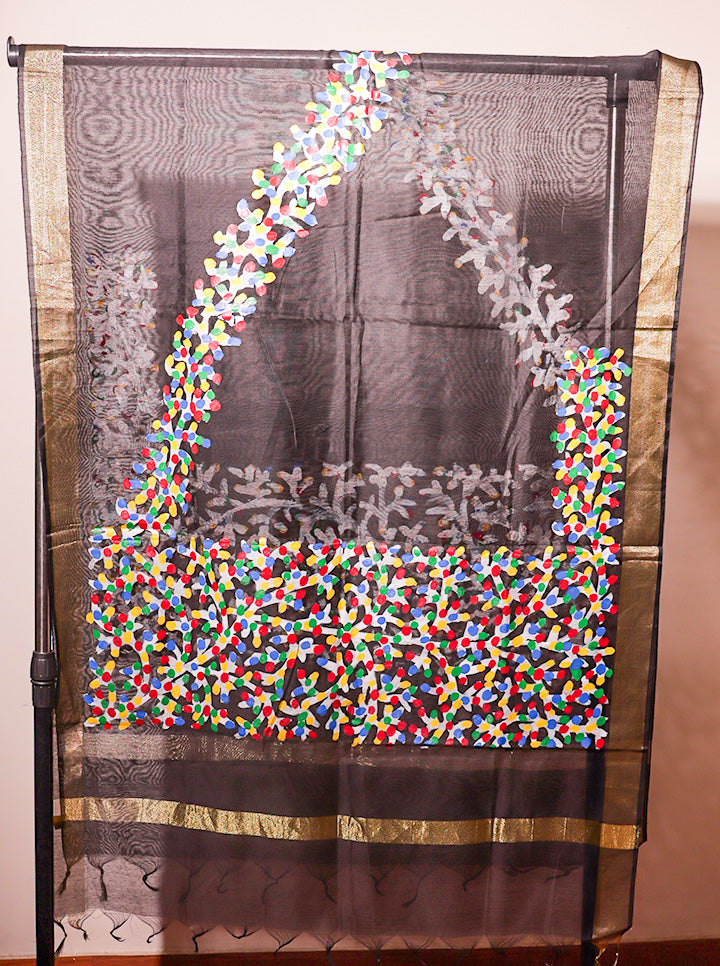Pattachitra Handpainted Dupatta – Black | Multicolour Floral Elegance