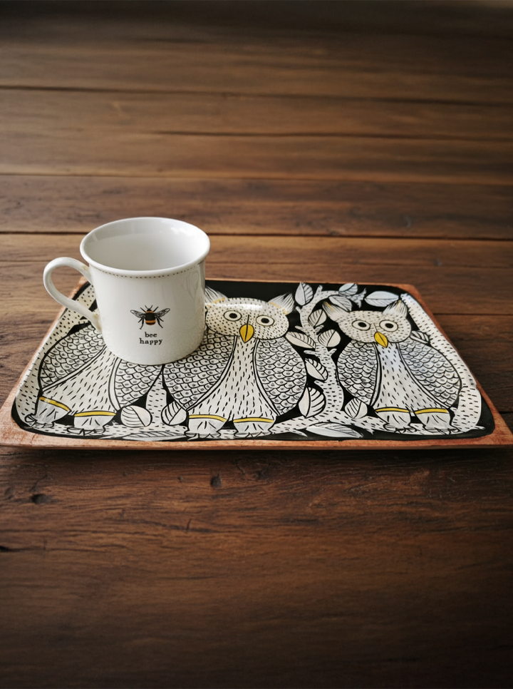 Big Owl Hand-Painted Wooden Tray