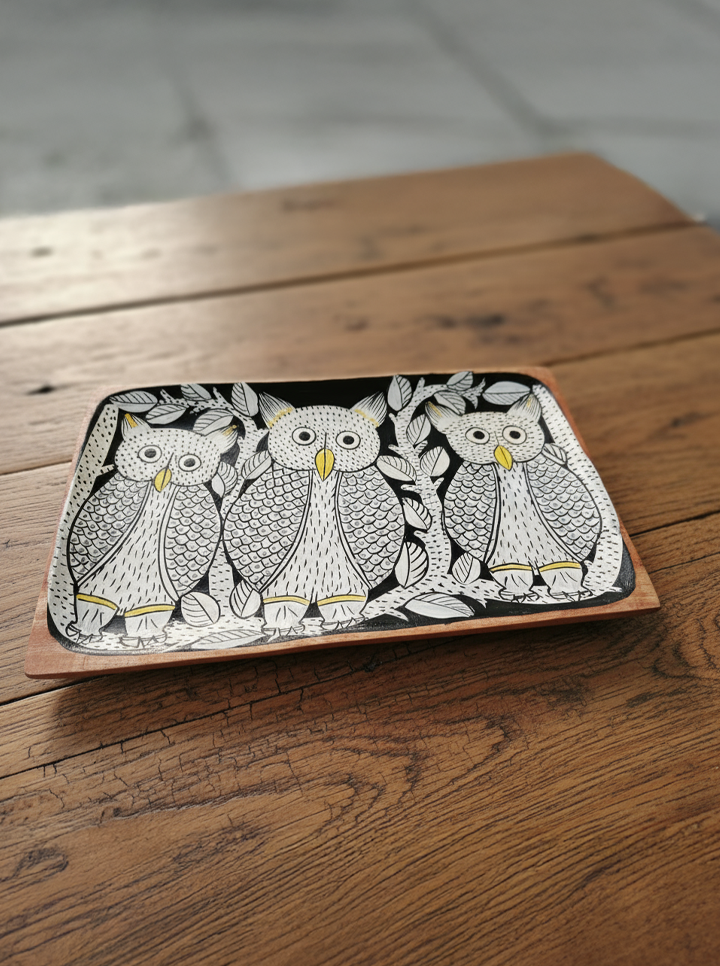 Big Owl Hand-Painted Wooden Tray