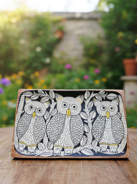 Big Owl Hand-Painted Wooden Tray
