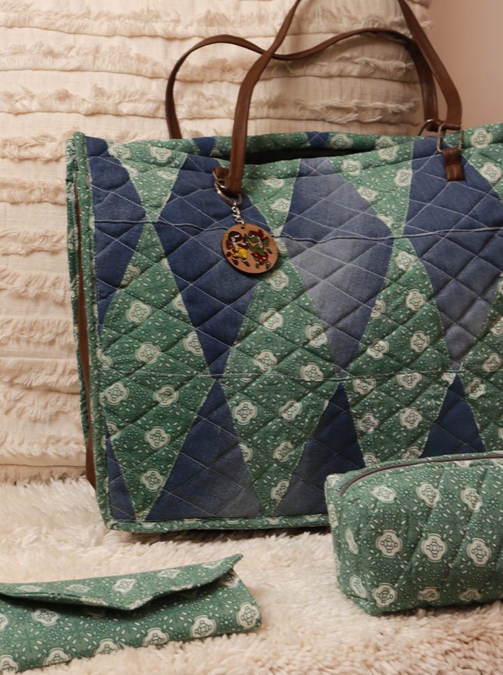 Handmade Quilted Bag Combo – 3-Piece Set (Denim Blue & Green Paisley