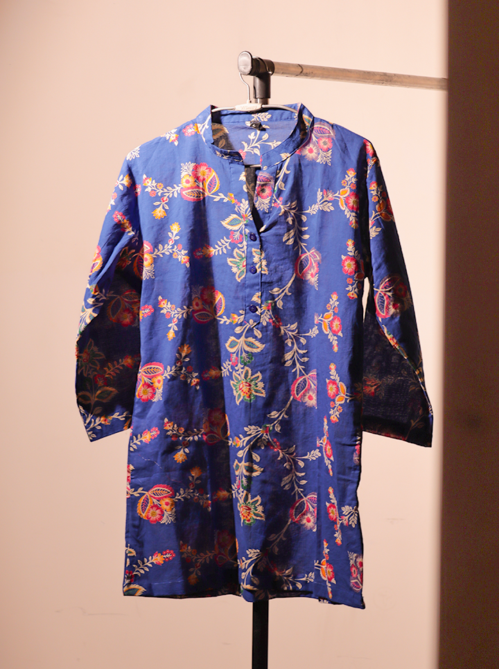 Handcrafted Indigo Blue Kaftan – Bold Blooms & Boho Spirit