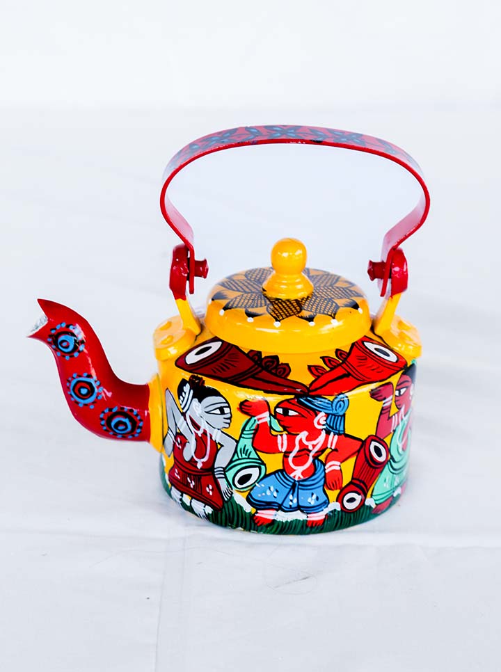 Hand-Painted Pattachitra Tribal Kettle – Traditional Folk Art Elegance (Maroon And Yellow)
