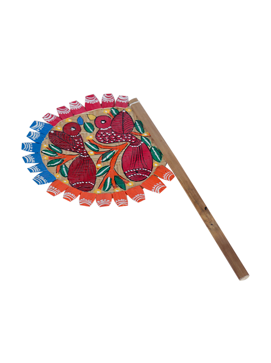 Hand-Painted Bird Pattachitra Bamboo Hand Fan – Traditional Indian Folk Art (Maroon And Red)