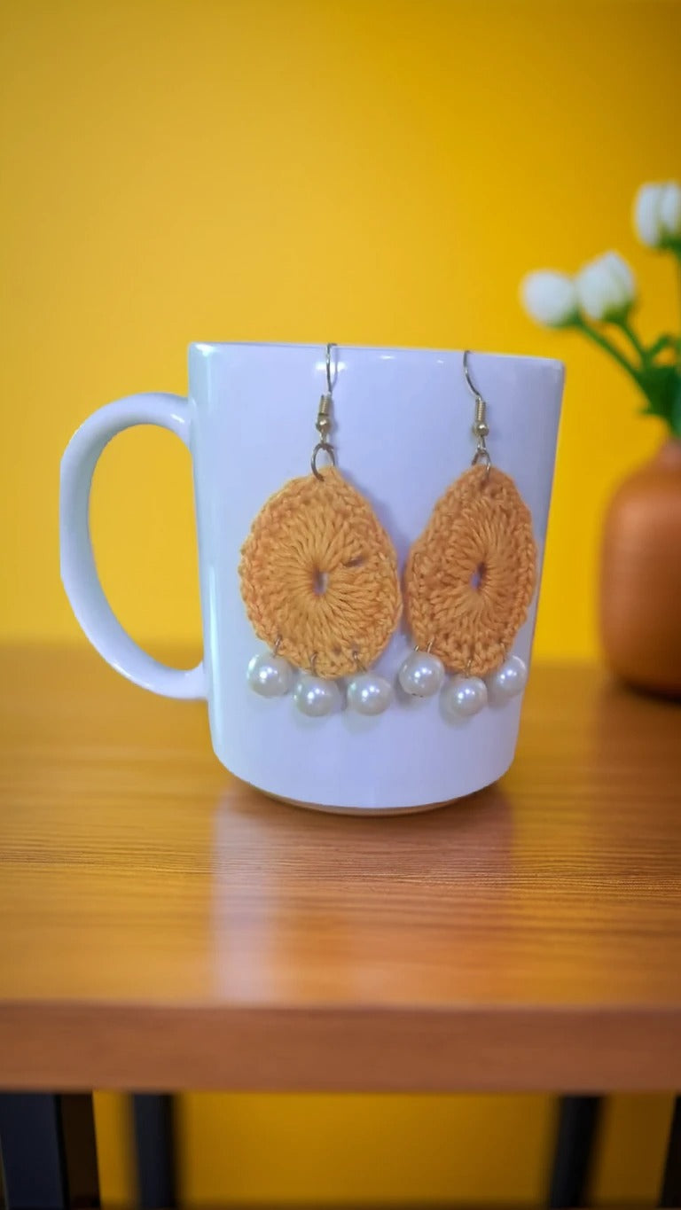 Handmade Dark Yellow Crochet Earrings with Pearl – Timeless Elegance