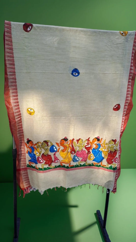 Hand-Painted Pattachitra Dupatta | Traditional Folk Art on Fabric