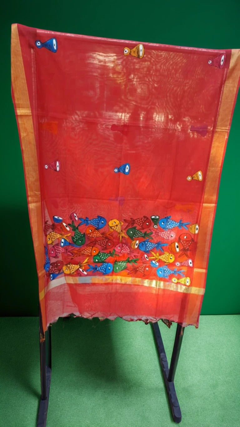 Hand-Painted Pattachitra Dupatta – Vibrant Fish Motif