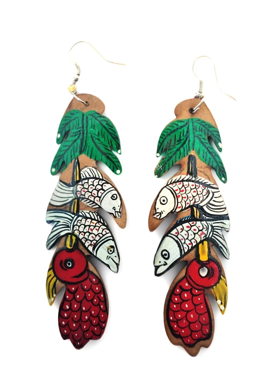 Hand-Painted Fish & Leaf Earrings