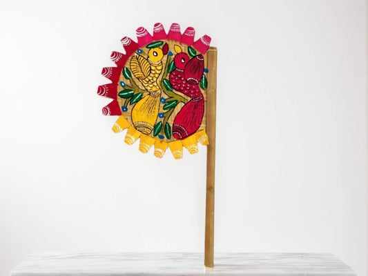 Hand-Painted Bamboo Hand Fan – Pattachitra Bird Art (Yellow And Red )