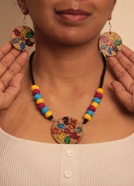 Vibrant Pattachitra Fish Motif Necklace Set