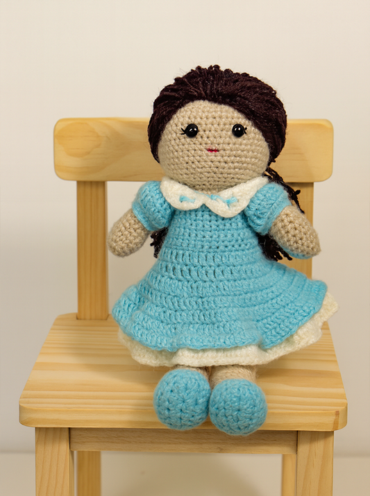 Handmade Crochet Doll in Blue Frock