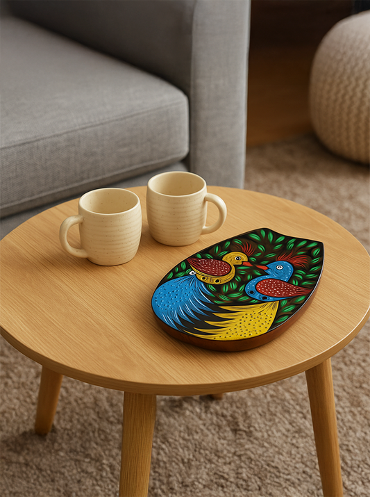 Hand-Painted Wooden Leaf-Shaped Tray with Cup Combo