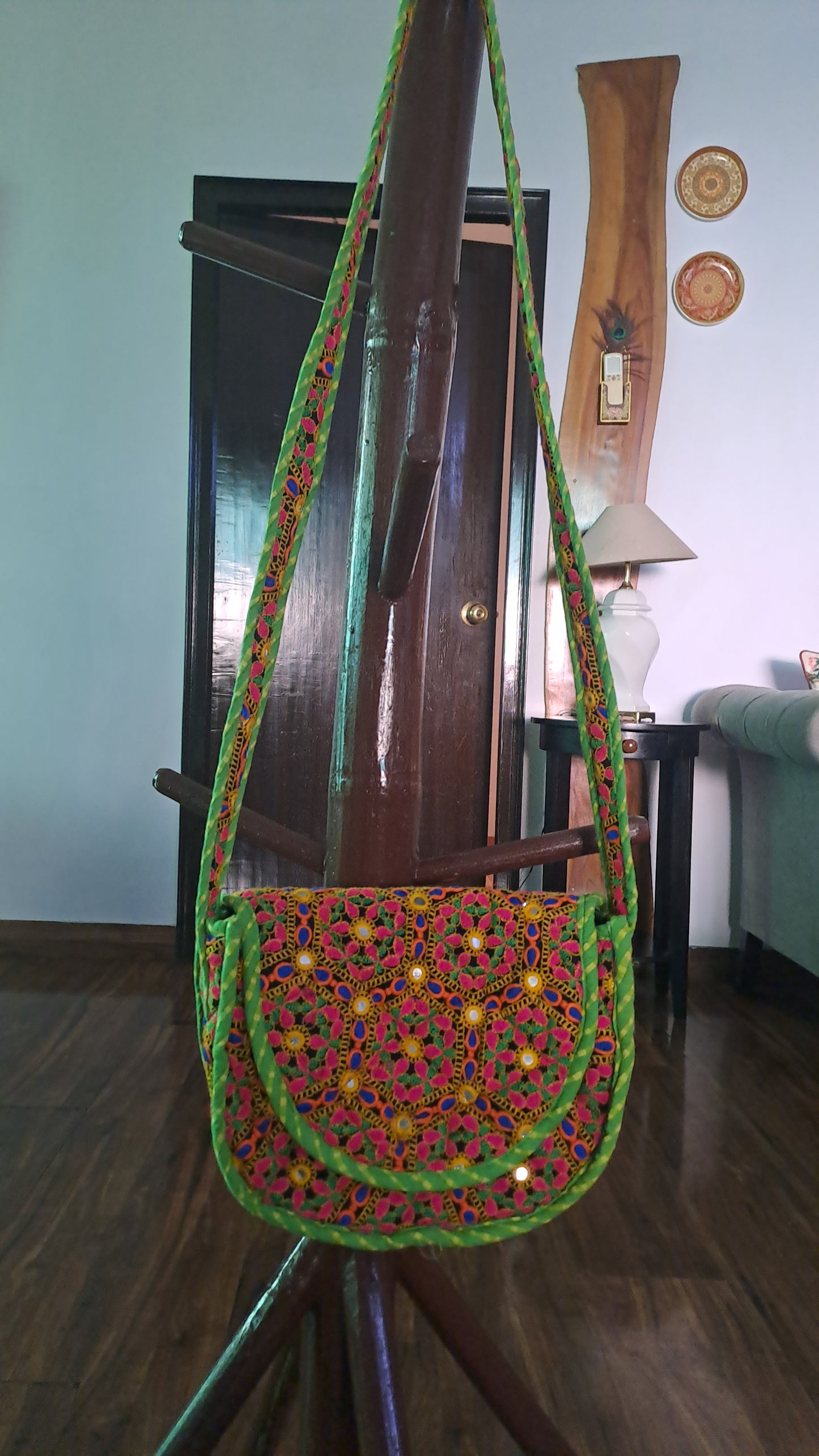 Handcrafted Embroidered Sling Bag with Leather Strap – Vibrant & Elegant