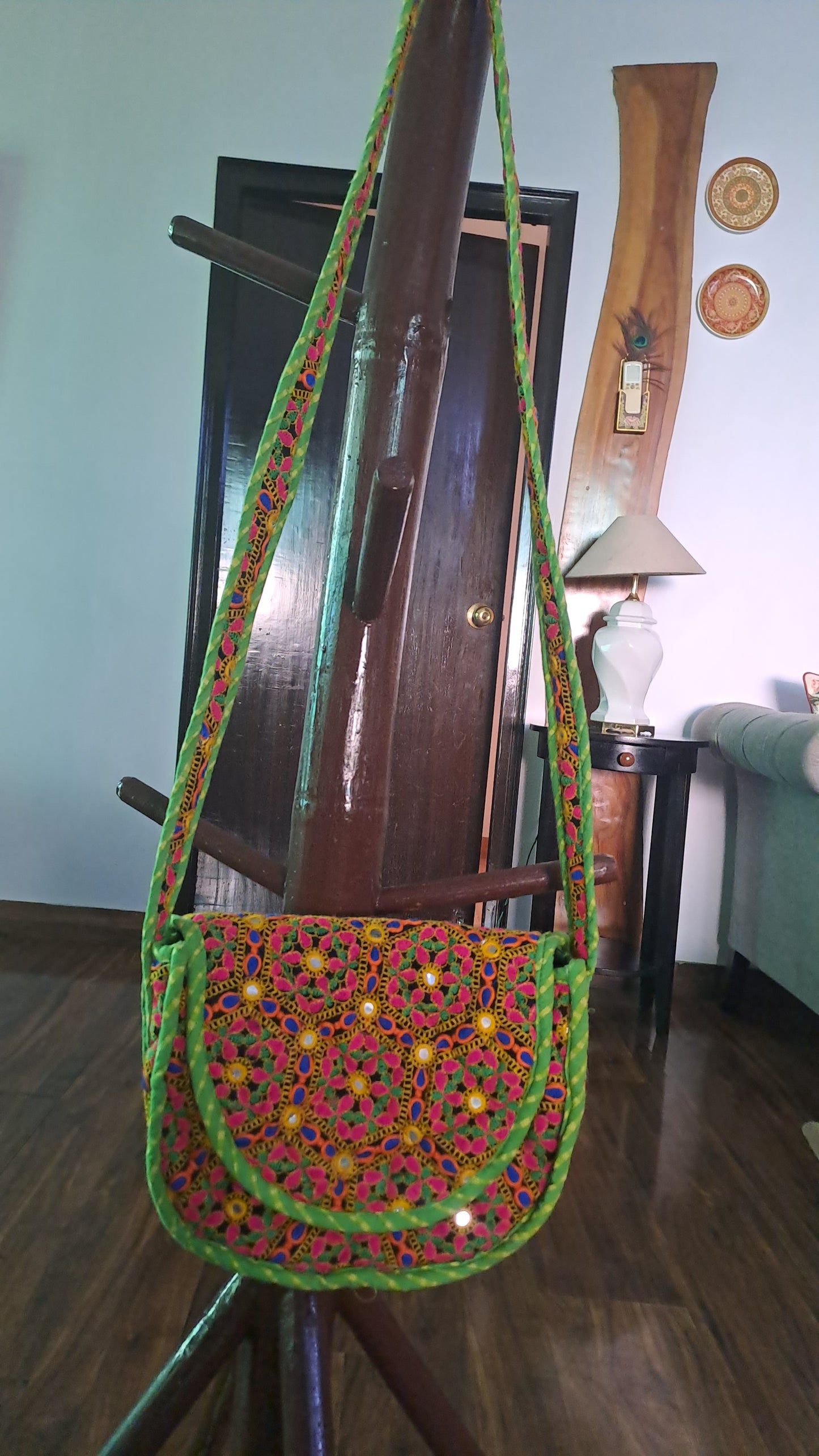 Handcrafted Embroidered Sling Bag with Leather Strap – Vibrant & Elegant