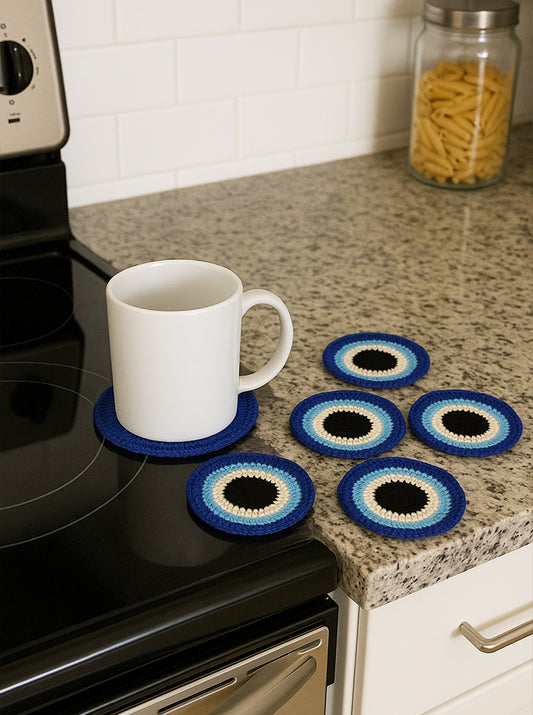 Handmade Crochet Evil Eye Coaster Set – 6 pcs