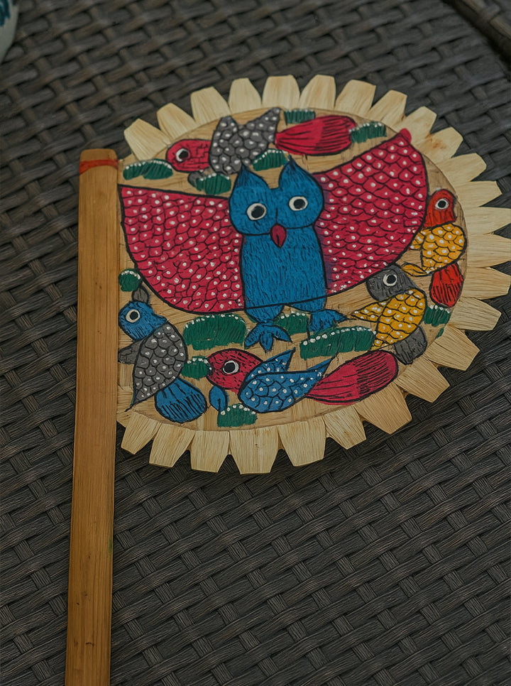 Hand Painted With Traditional Patachitra Motif Hand Fan (Owl and Bird)