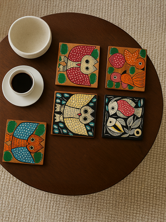Handpainted Wooden Coaster Set – 5 pcs