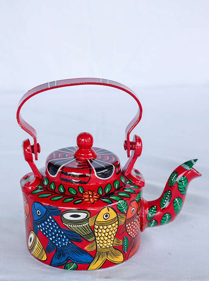 Pattachitra Hand-Painted Kettle – A Timeless Work of Art (Red)