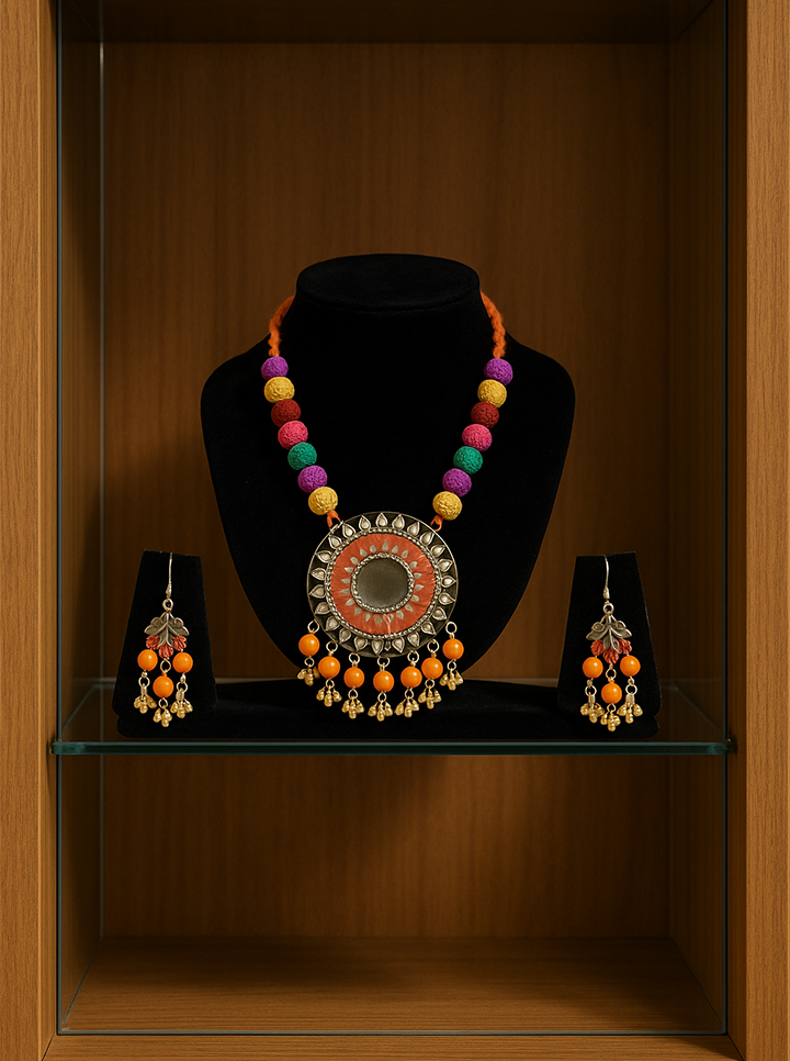 Handmade Orange Colour Necklace with Earrings – Vibrant Festive Jewelry Set