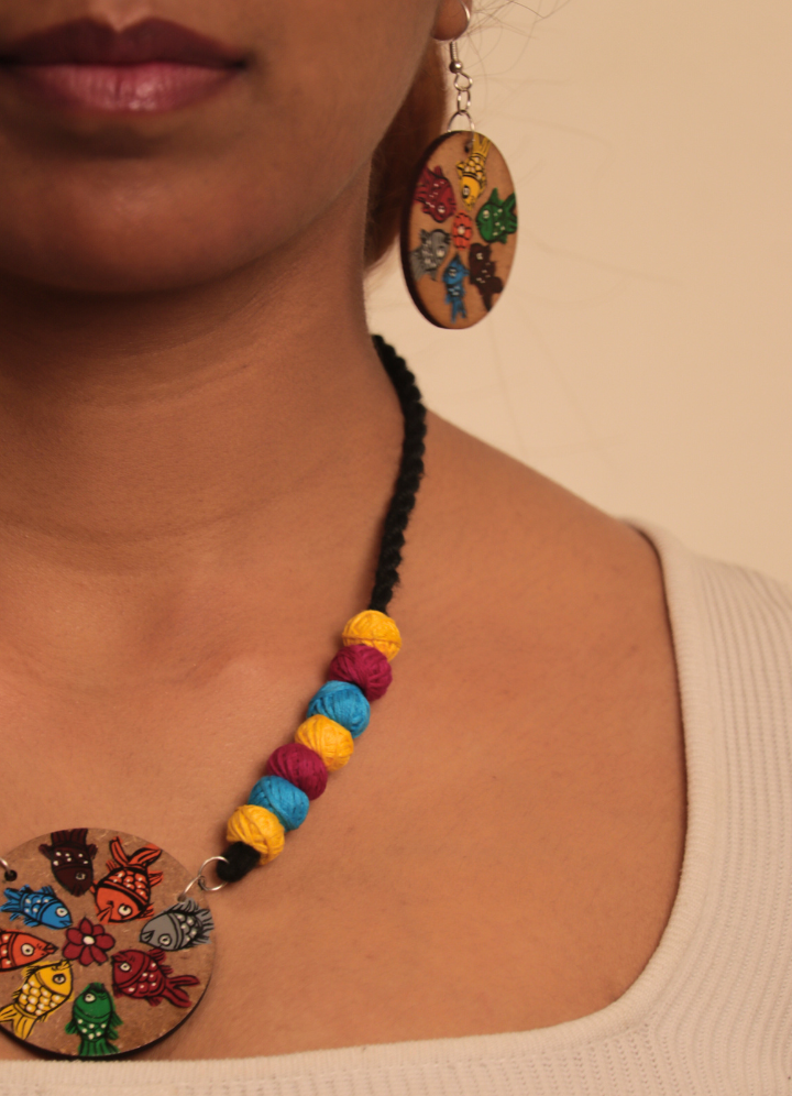 Vibrant Pattachitra Fish Motif Necklace Set