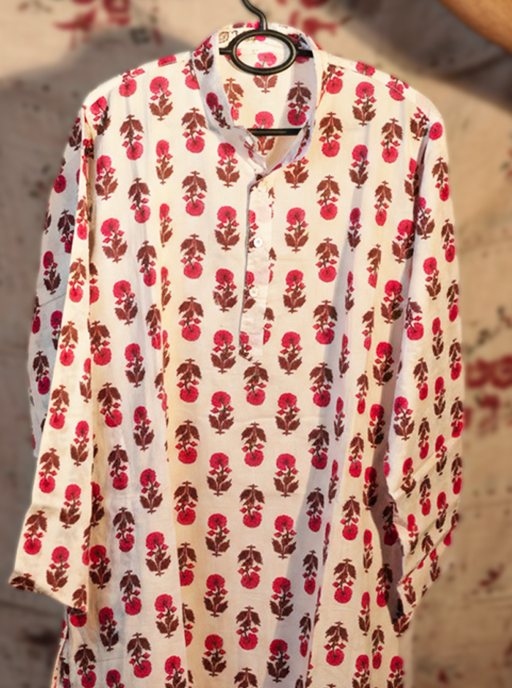 Elegant White Kurti with Pink Floral Design – Stylish & Comfortable