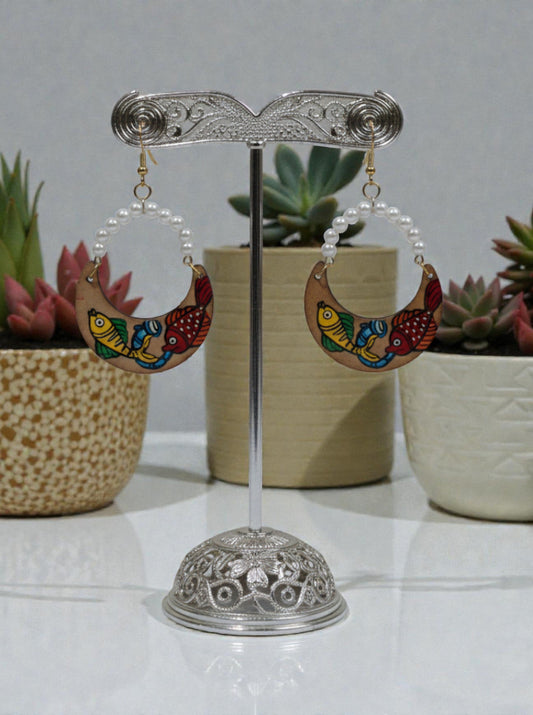 Handpainted Pattachitra Crescent Hoop Earrings with Pearl Beads | Colorful Fish Art Wooden Earrings