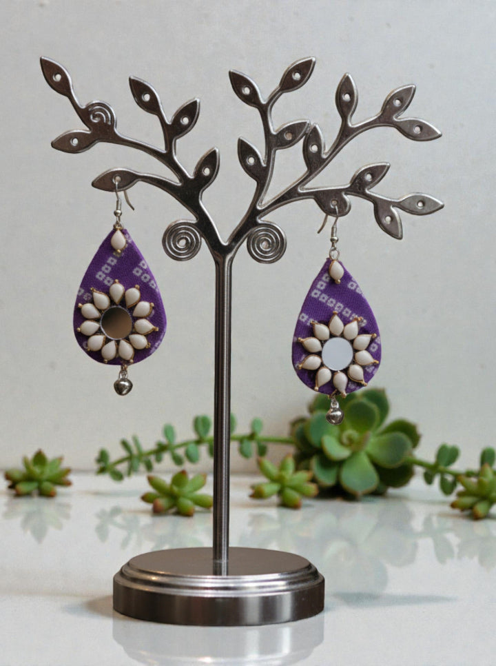 Handcrafted Purple Fabric Mirror-Work Earrings | Lightweight Ethnic Teardrop Earrings with White Beads & Ghungroo