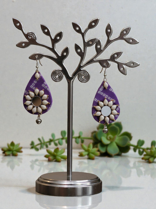 Handcrafted Purple Fabric Mirror-Work Earrings | Lightweight Ethnic Teardrop Earrings with White Beads & Ghungroo