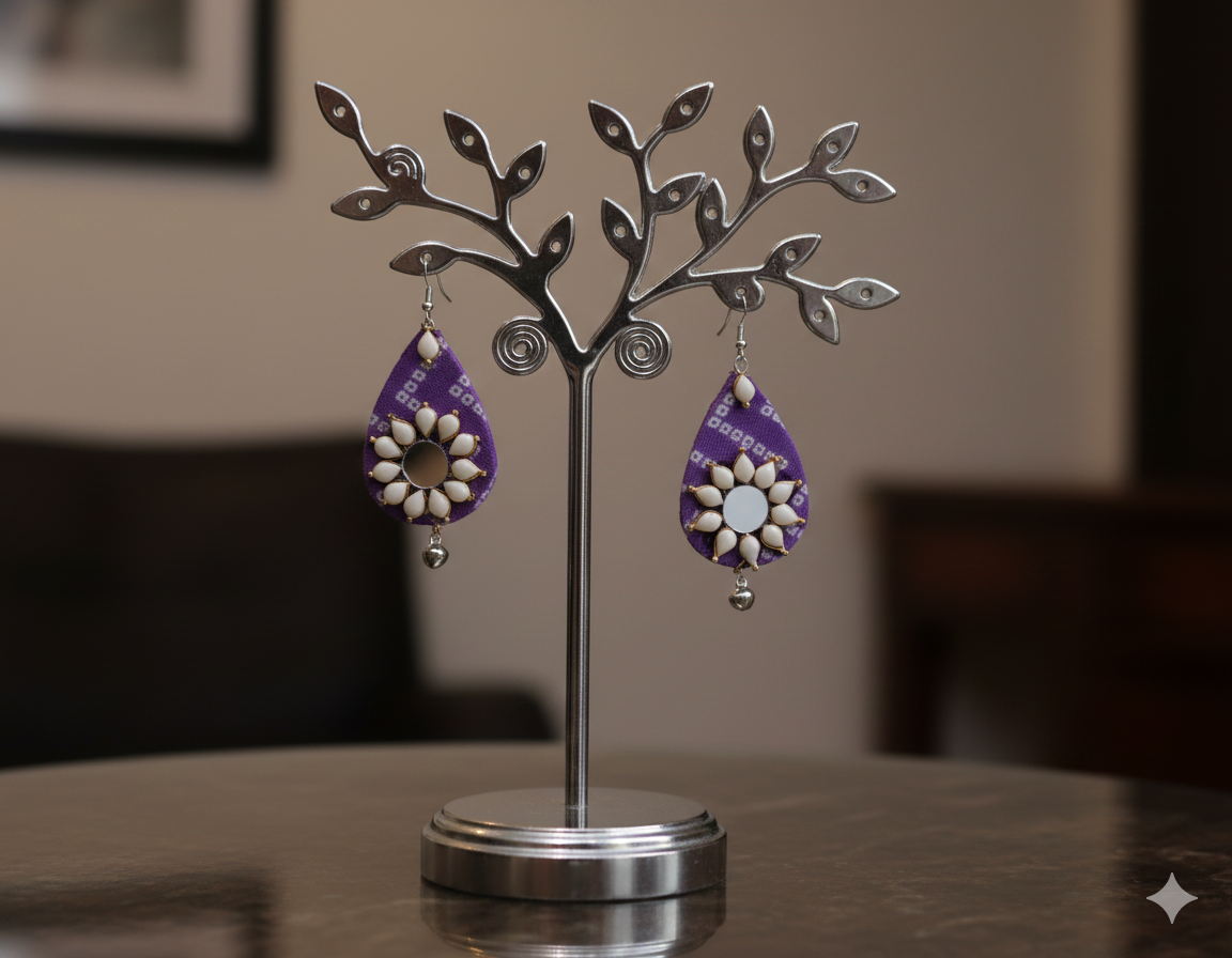 Handcrafted Purple Fabric Mirror-Work Earrings | Lightweight Ethnic Teardrop Earrings with White Beads & Ghungroo