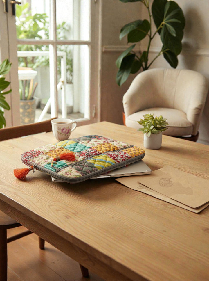 Handmade Quilted Patchwork Laptop Cover with Tassel