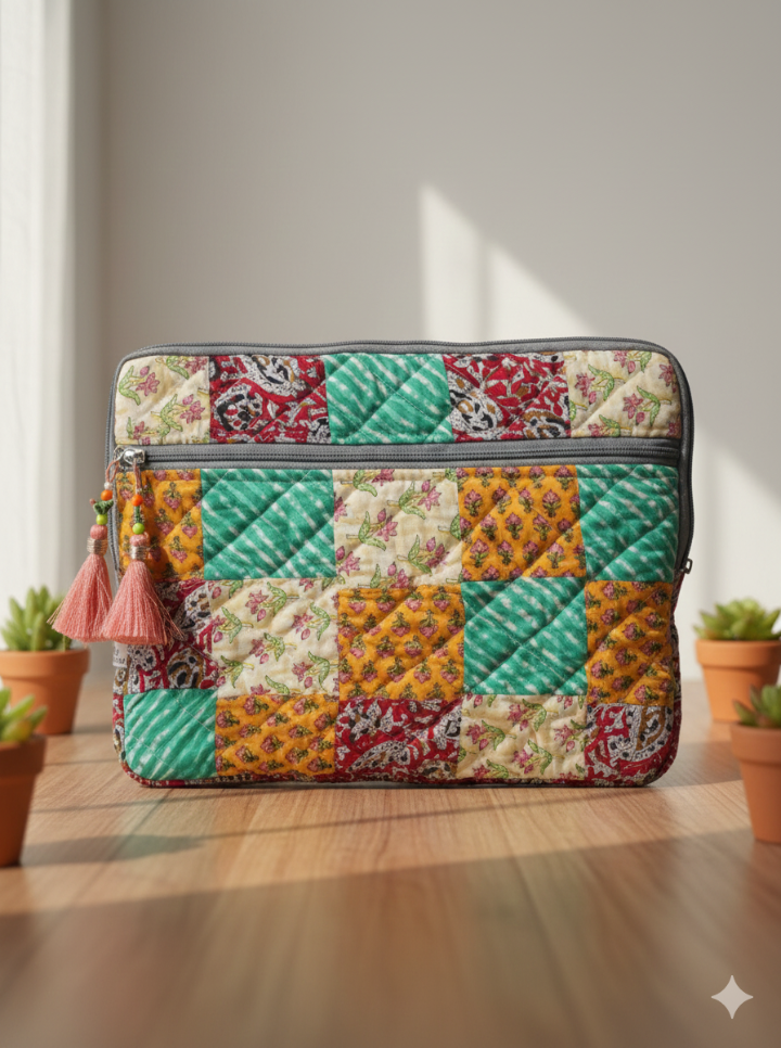 Handmade Quilted Patchwork Laptop Sleeve with Tassel