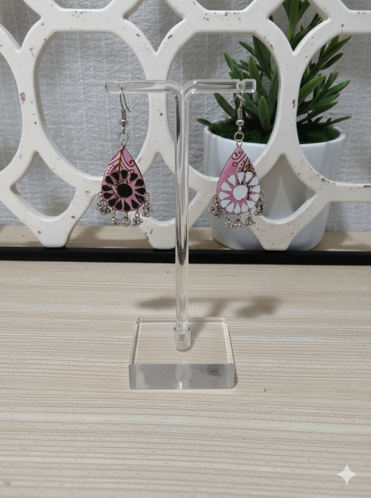 Handcrafted Pink Fabric Earrings with Mirror Work & Ghungroo Drops | Lightweight Ethnic Statement Earrings