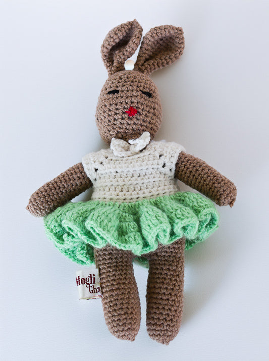 Handmade Crochet Miss Bunny Doll – Soft & Adorable Plush Toy (White And Green Dress)