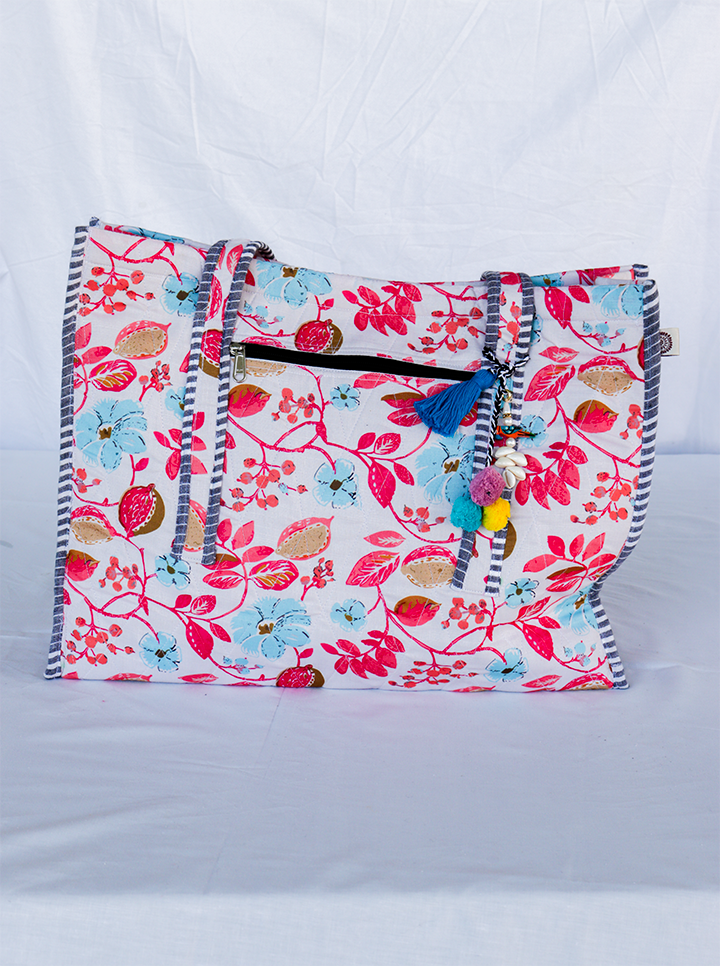 Cotton Washable Tote Bag (Pink+Blue Floral)