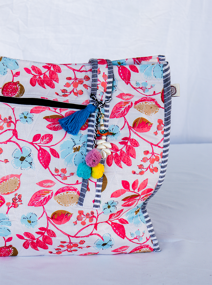 Cotton Washable Tote Bag (Pink+Blue Floral)