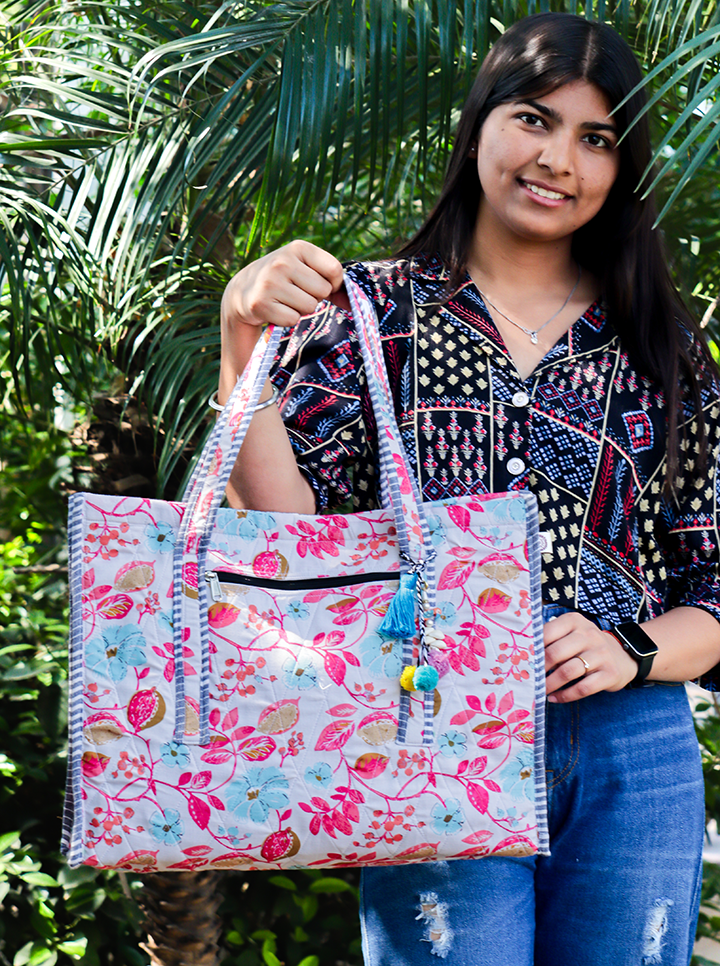 Cotton Washable Tote Bag (Pink+Blue Floral)