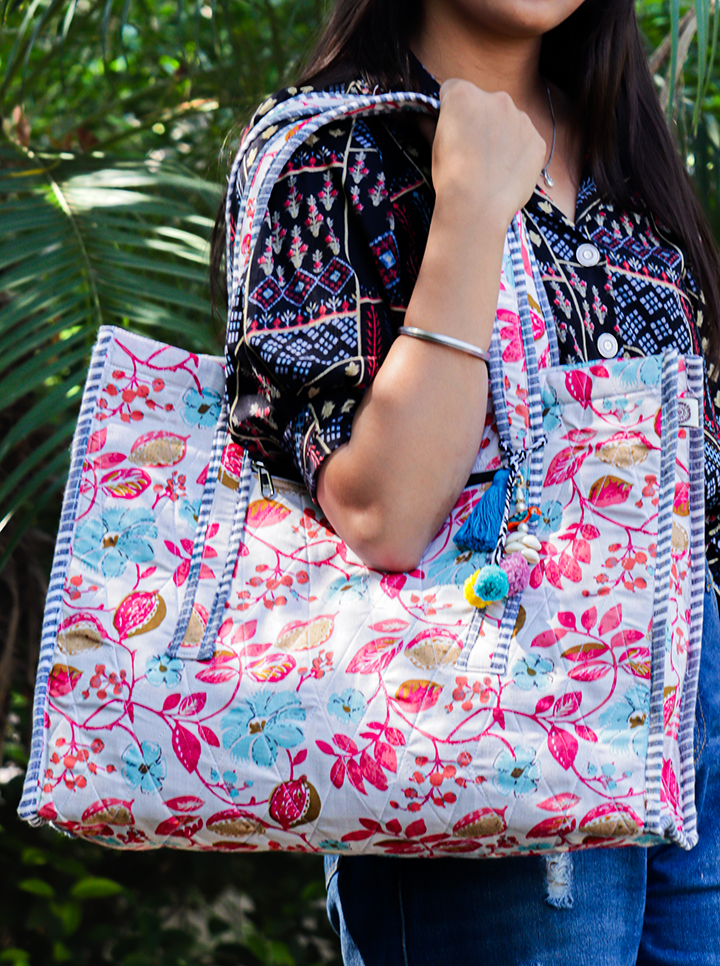 Cotton Washable Tote Bag (Pink+Blue Floral)