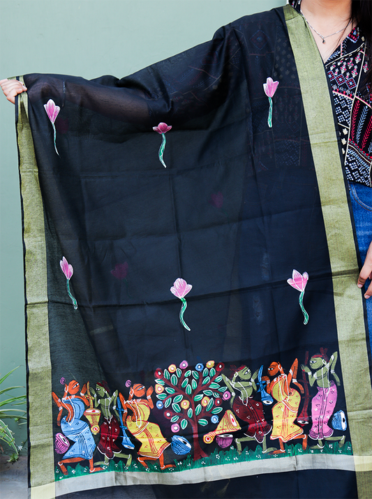 Handmade Pattachitra Black Dupatta