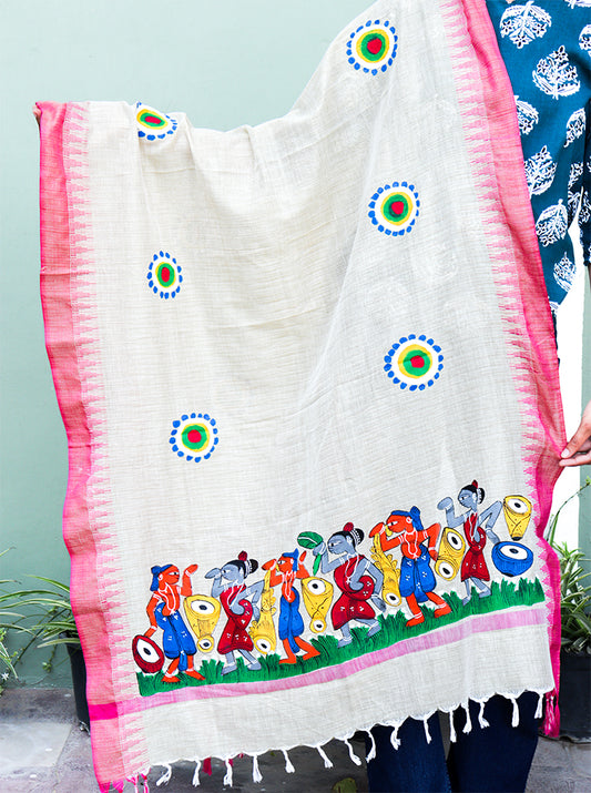 Hand-Painted Pattachitra Dupatta | Traditional Folk Art on Fabric