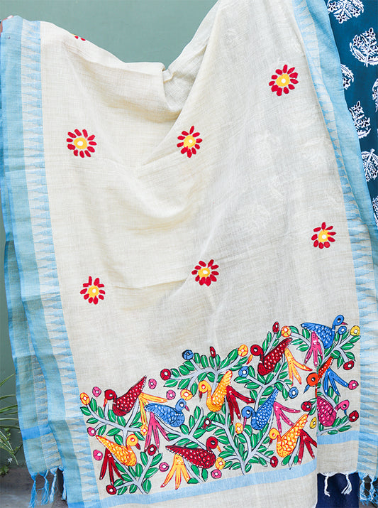 Hand-Painted Pattachitra Dupatta | Vibrant Bird & Floral Motifs
