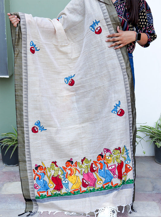 Hand-Painted Pattachitra Dupatta – Devotional Dance Motif