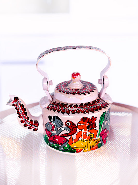 Hand-Painted Traditional Kettle – Folk Art And Tribal Design (Pink)