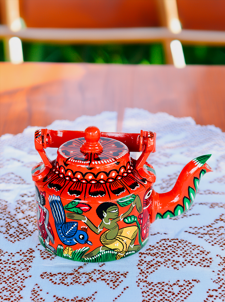 Hand-Painted Pattachitra Tribal  Kettle – A Timeless Blend of Art & Tradition (Orange)