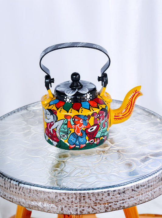 Hand-Painted Pattachitra Kettle – Tribal & Folk Art Theme (Yellow And Black)