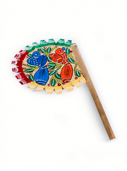 Hand-Painted Bamboo Hand Fan – Pattachitra Bird Art (Blue And Orange)