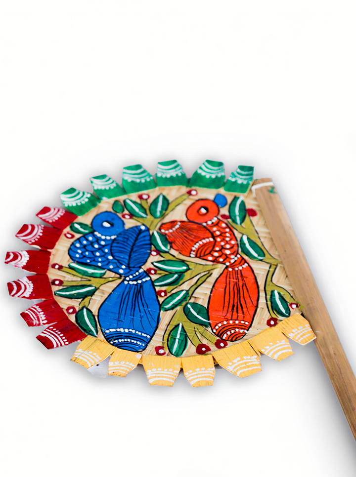 Hand-Painted Bamboo Hand Fan – Pattachitra Bird Art (Blue And Orange)