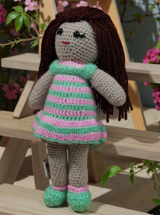 Handmade Crochet Pink & Green Frock Doll
