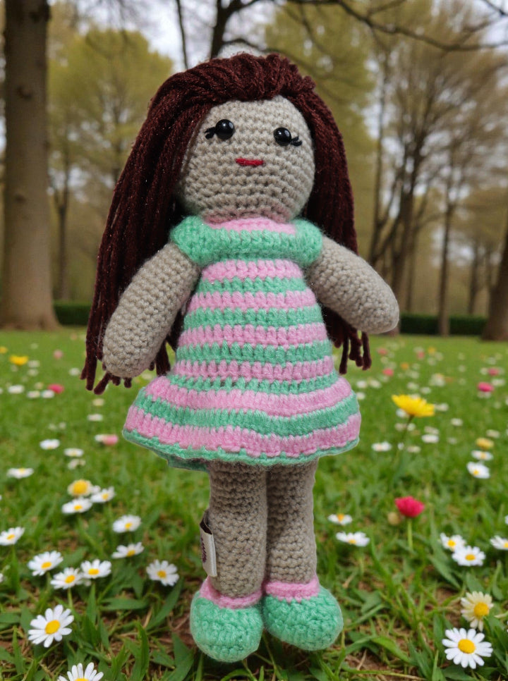 Handmade Crochet Pink & Green Frock Doll
