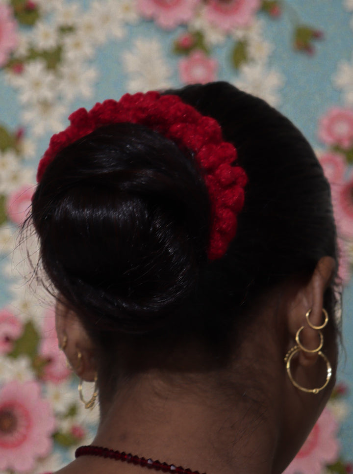 Handmade Crochet Red Wool Gajra | Bun Accessory | Soft Floral Juda Wrap